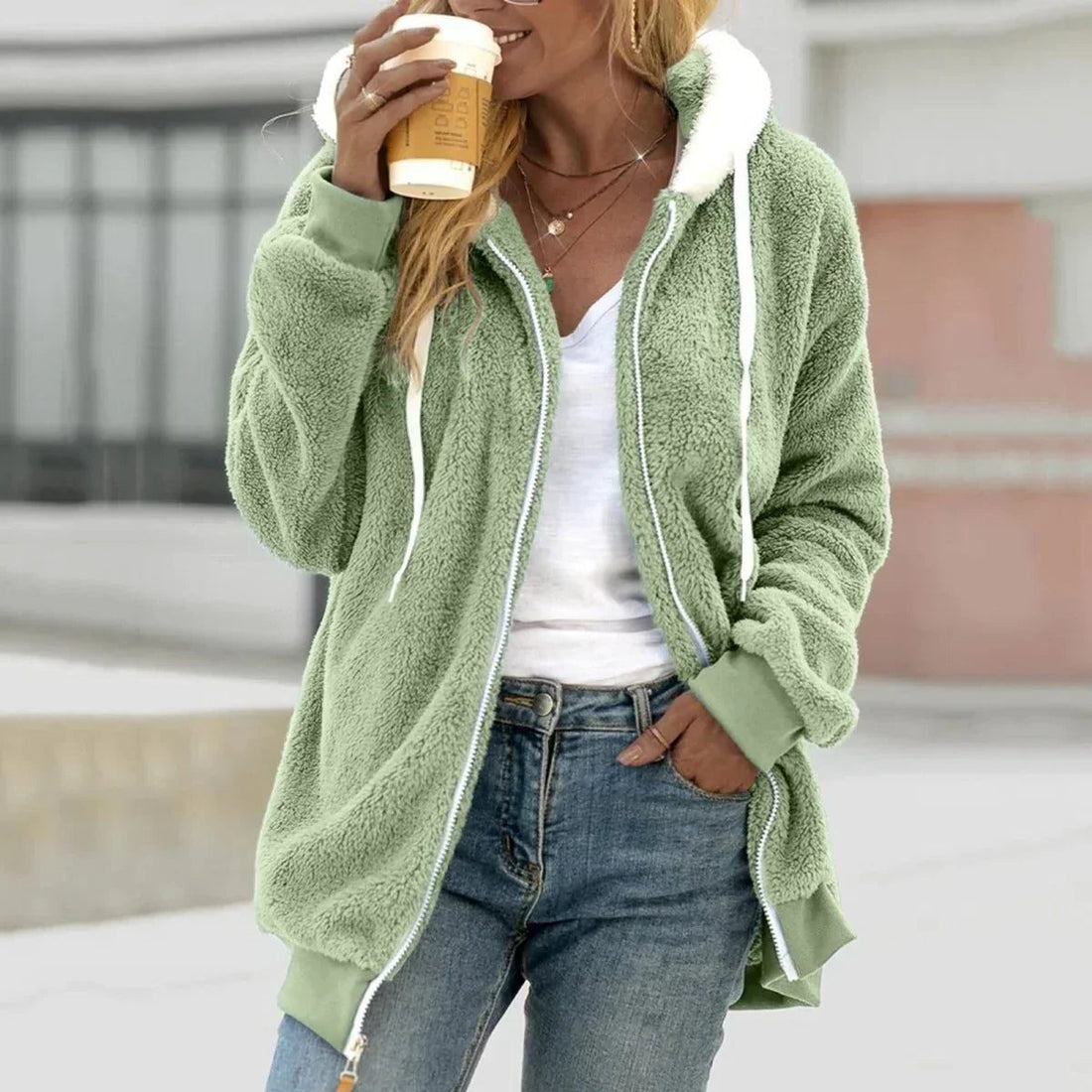 Damen Oversize Fleece Zip-Hoodie mit Kapuze