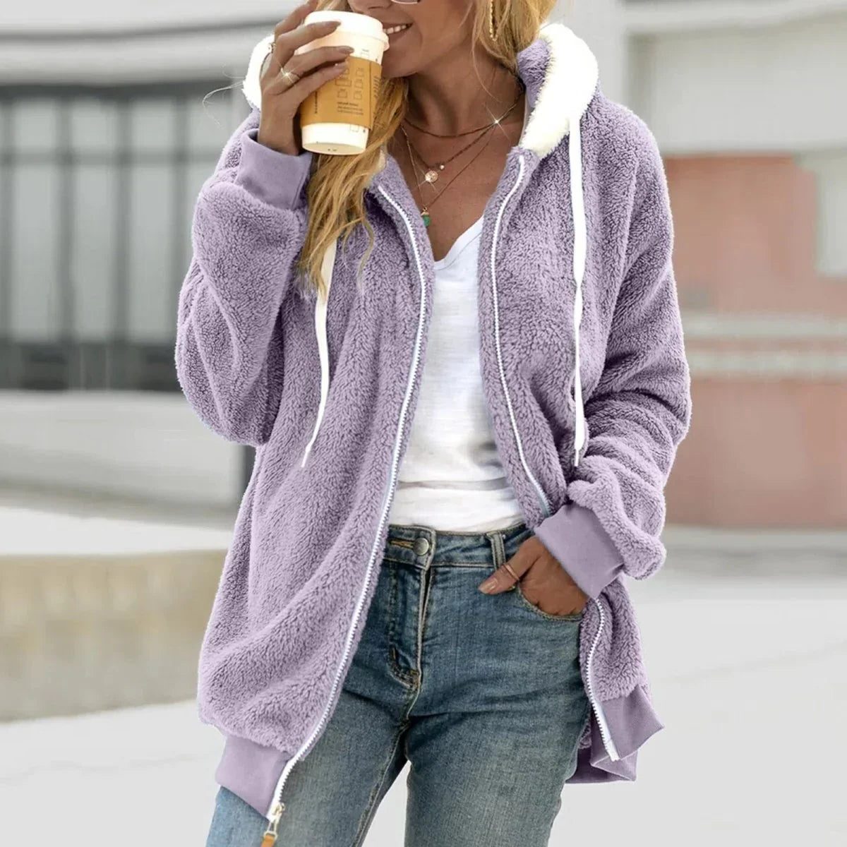 Damen Oversize Fleece Zip-Hoodie mit Kapuze - Flieder
