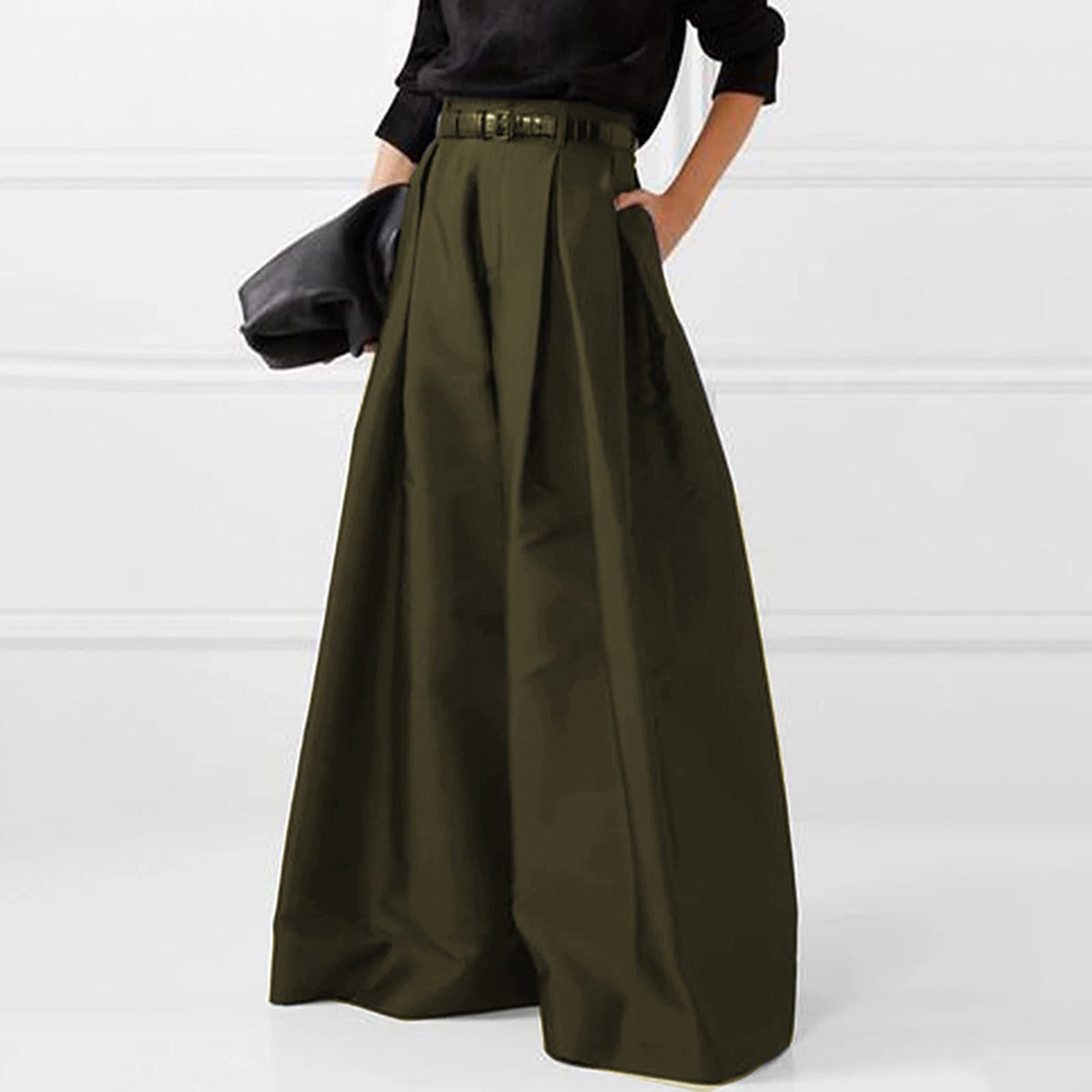 Damen Palazzohose mit Hoher Taille - Olivegrün