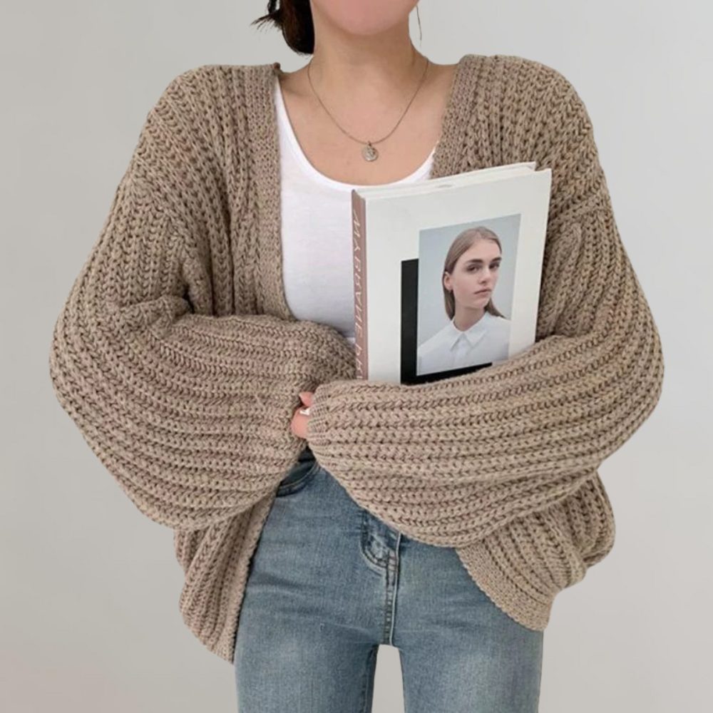 Damen Oversize Strickjacke mit Langen Ärmeln - Khaki