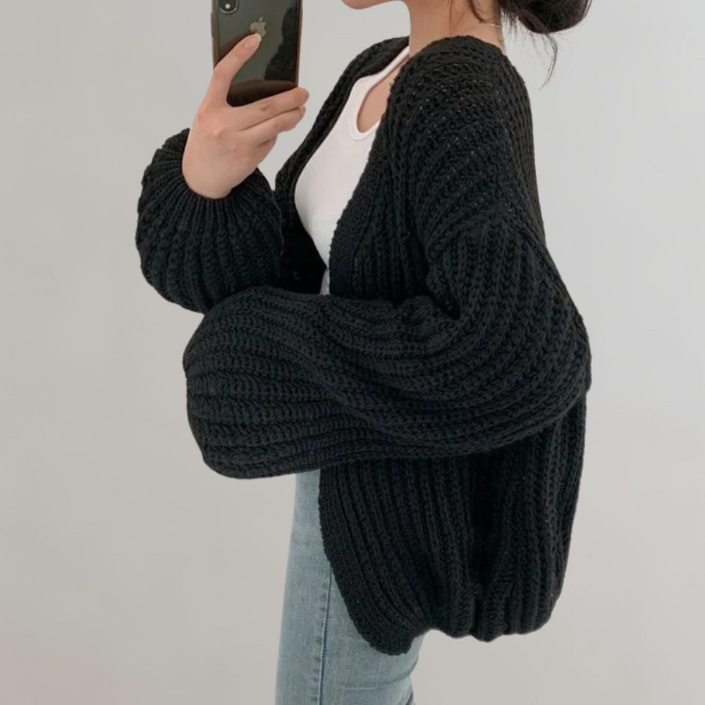 Damen Oversize Strickjacke mit Langen Ärmeln - Schwarz