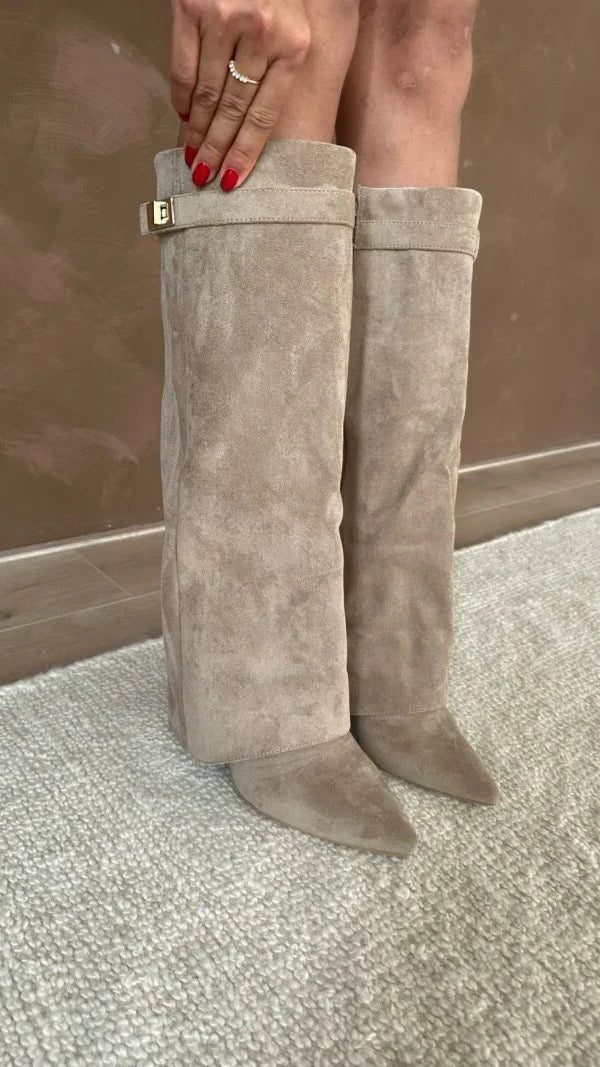 Damen Kniehohe Stiefel mit Schnalle - Beige