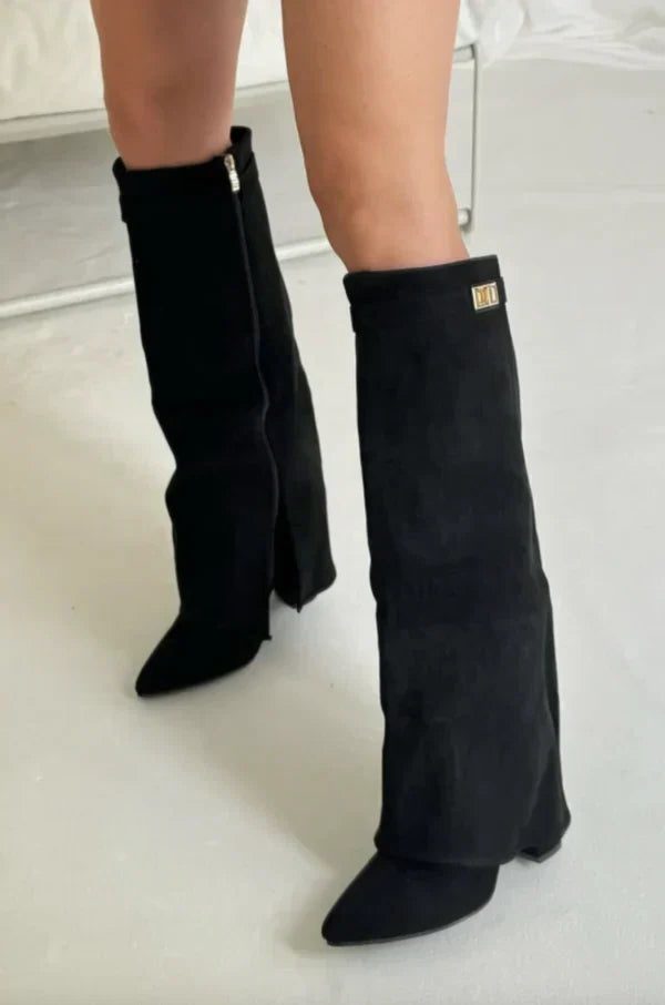 Damen Kniehohe Stiefel mit Schnalle - Schwarz - Wildleder