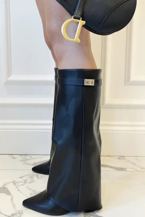 Damen Kniehohe Stiefel mit Schnalle - Schwarz - Leder