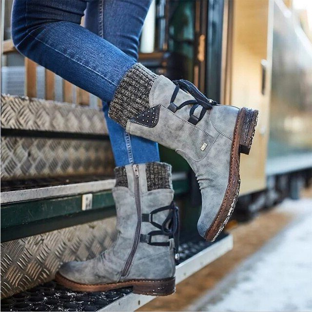 Damen Knöchelhoch Stiefeletten mit Reissverschluss - Grau