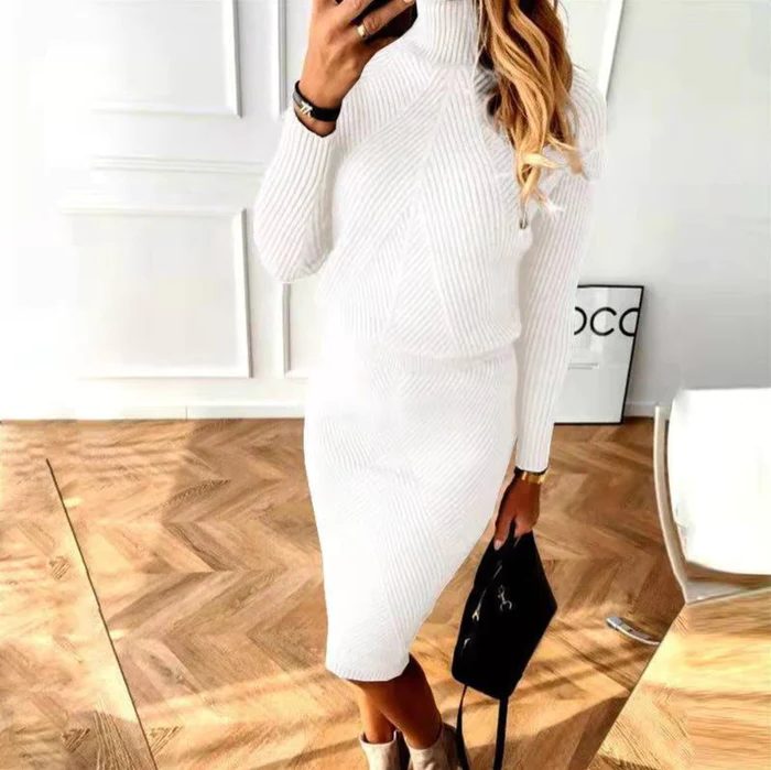 Damen Strickkleid mit Langen Ärmeln und Rundhals - Weiss