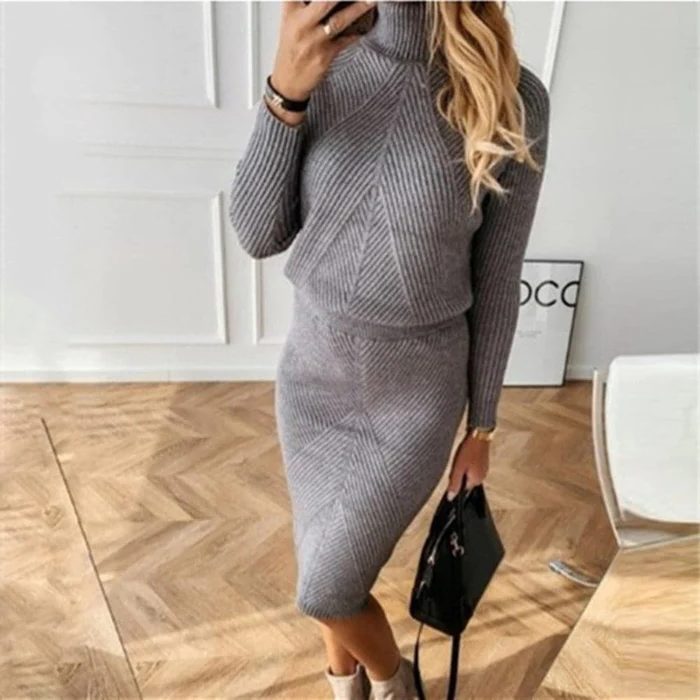 Damen Strickkleid mit Langen Ärmeln und Rundhals - Grau