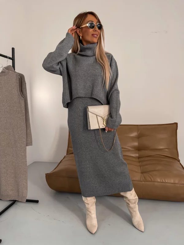Damen Midikleid mit Rollkragen und Kurzen Ärmeln - Grau