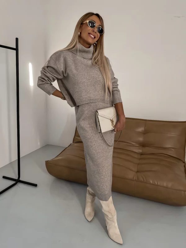Damen Midikleid mit Rollkragen und Kurzen Ärmeln - Khaki