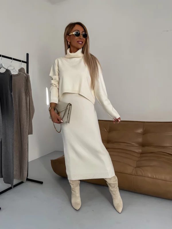 Damen Midikleid mit Rollkragen und Kurzen Ärmeln - Weiss
