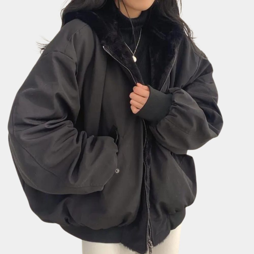 Damen Oversize Winterjacke mit Fleecefutter und Kapuze - Schwarz