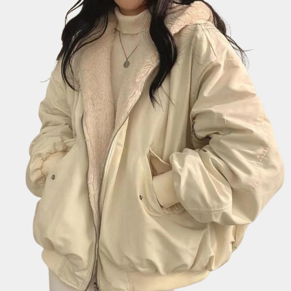 Damen Oversize Winterjacke mit Fleecefutter und Kapuze - Weiss
