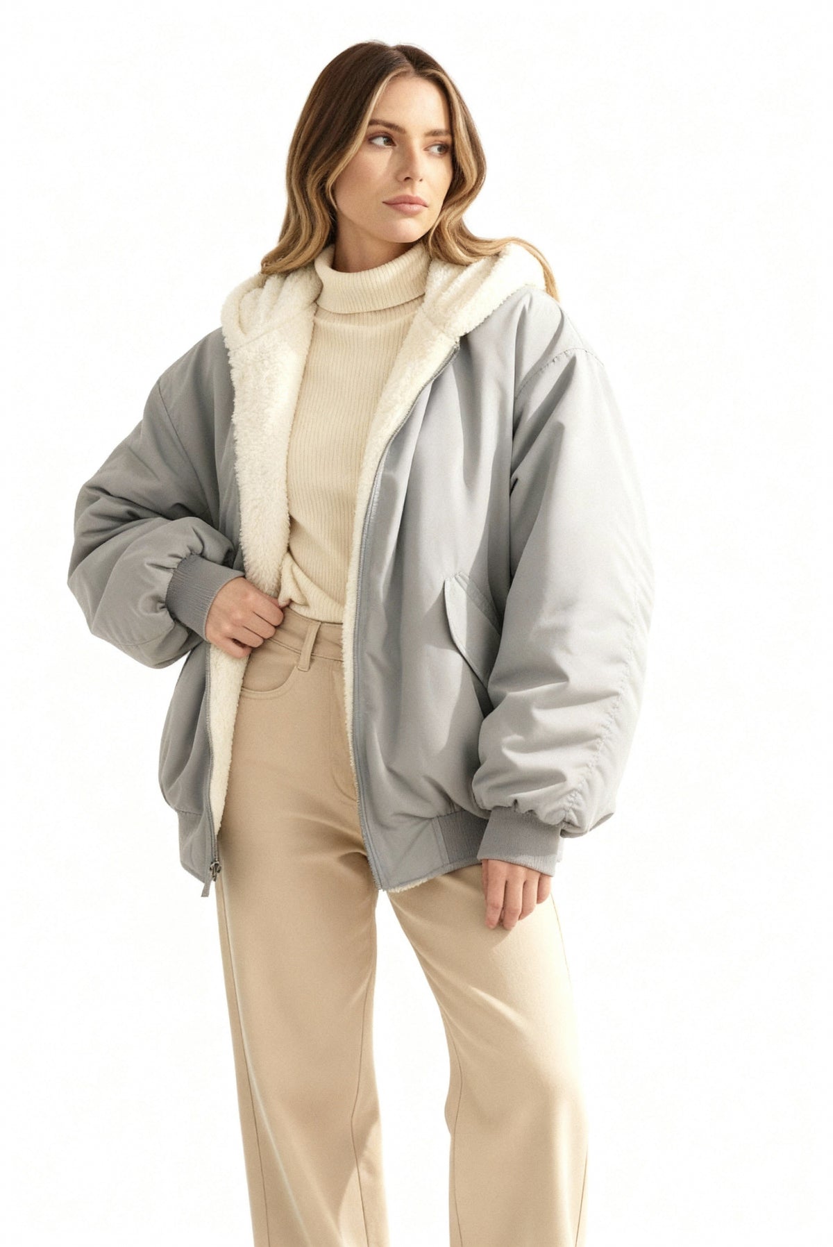 Damen Oversize Winterjacke mit Fleecefutter und Kapuze - View 3
