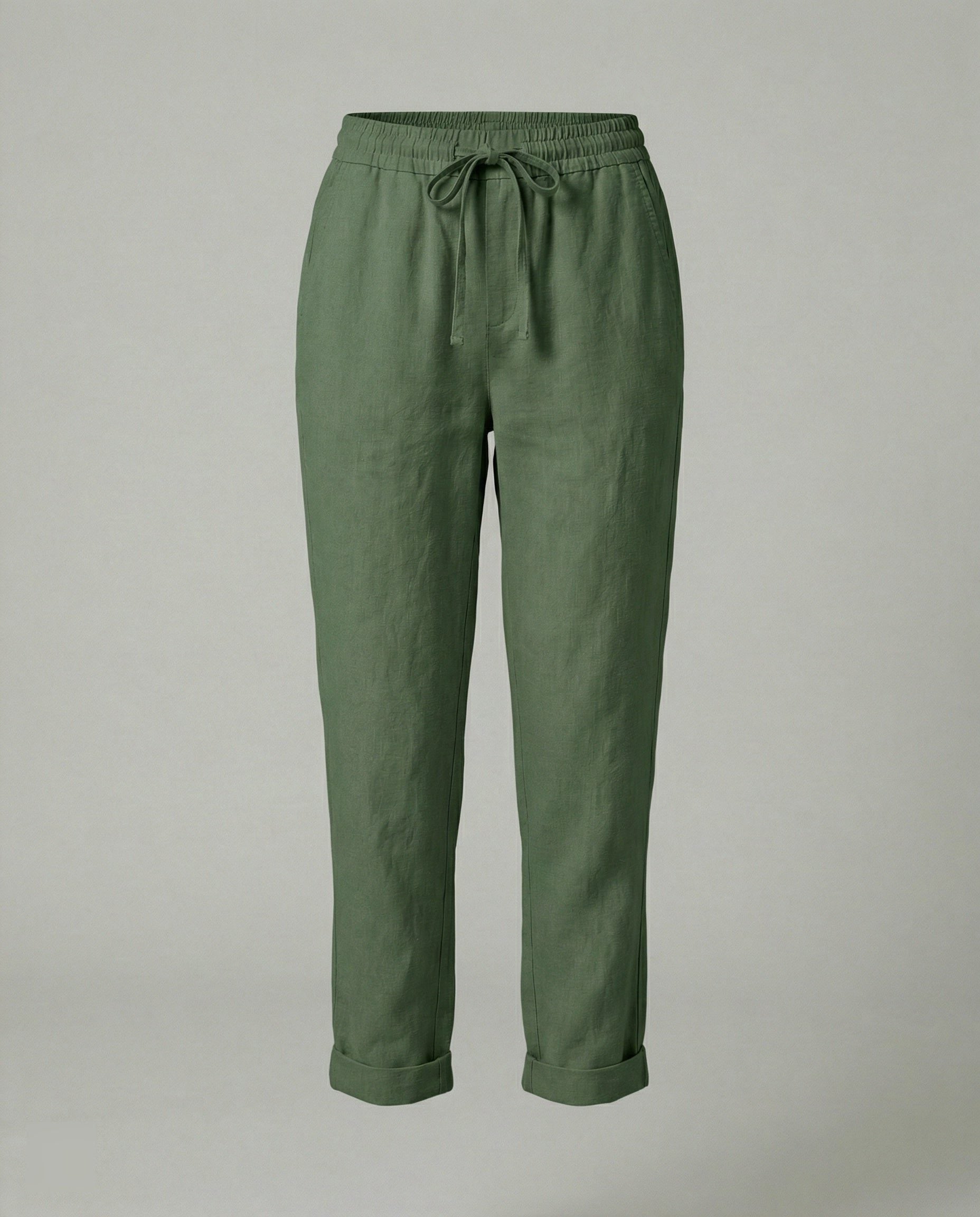 Damen Leinen Weite Hose mit Taschen - Grün