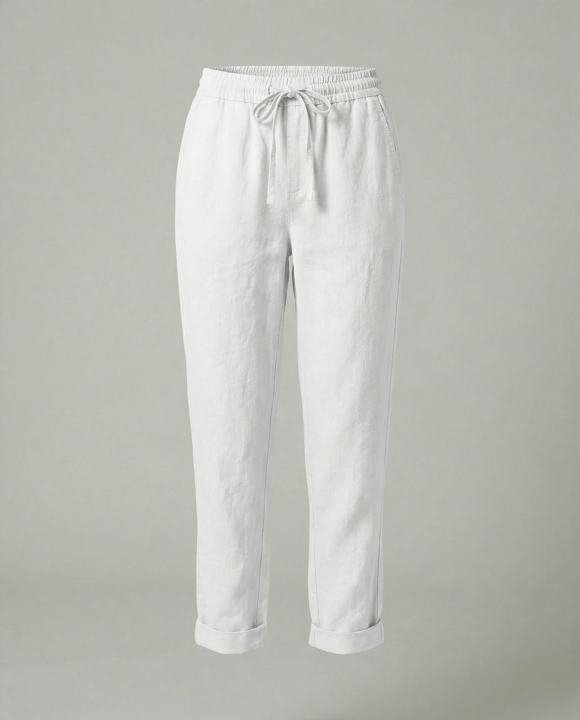 Damen Leinen Weite Hose mit Taschen - Weiss