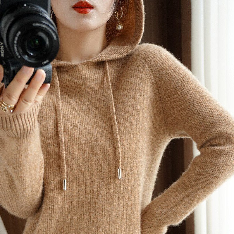 Damen Kapuzenpullover mit Gerippter Strick - Braun