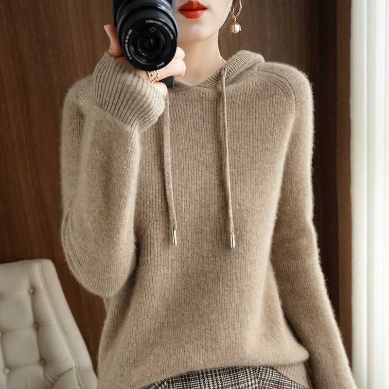 Damen Kapuzenpullover mit Gerippter Strick - Karamell