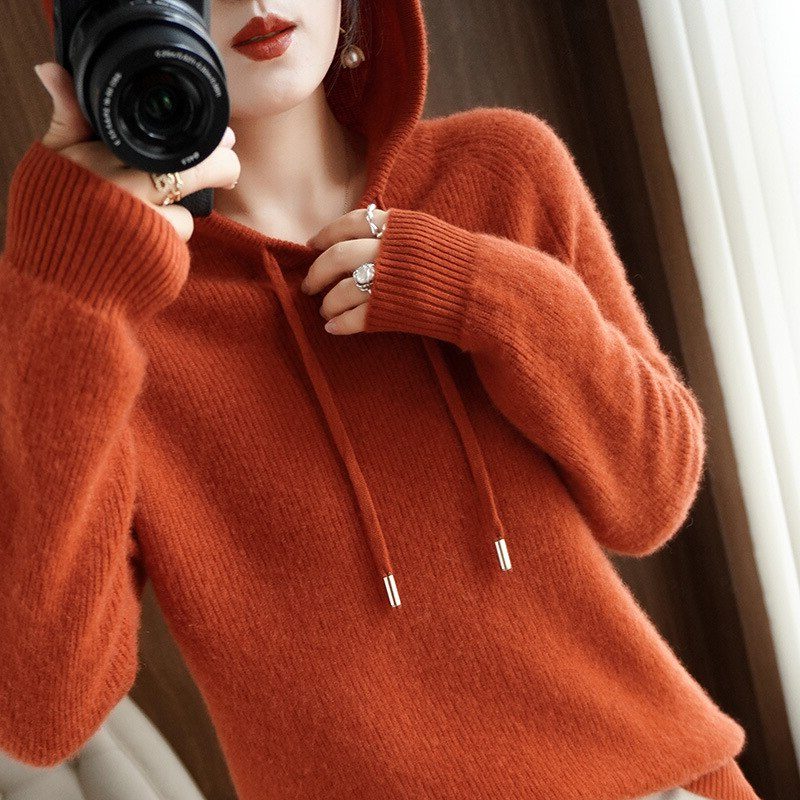 Damen Kapuzenpullover mit Gerippter Strick - Orange
