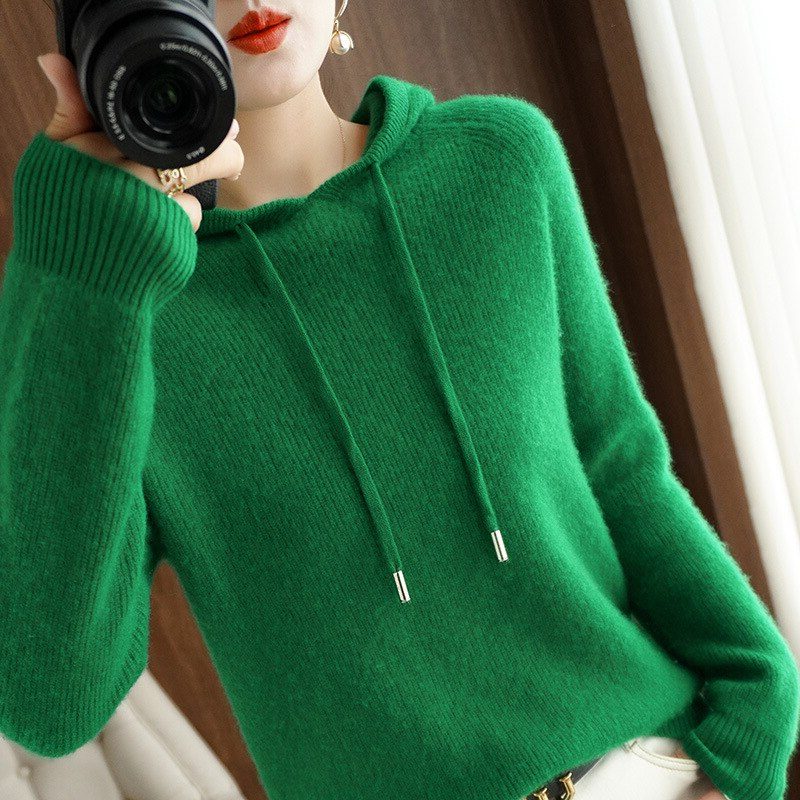 Damen Kapuzenpullover mit Gerippter Strick - Grün