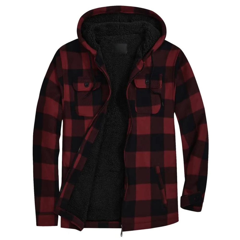 Herren Karierte Jacke mit Kapuze und Reissverschluss - Rot
