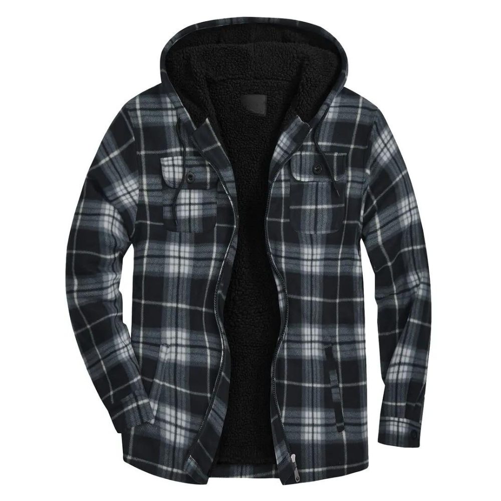 Herren Karierte Jacke mit Kapuze und Reissverschluss - Schwarz