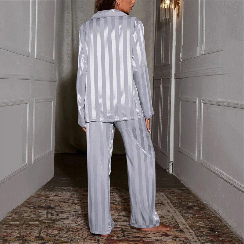 Damen Pyjama Set mit V-Ausschnitt und Langen Ärmeln - View 4
