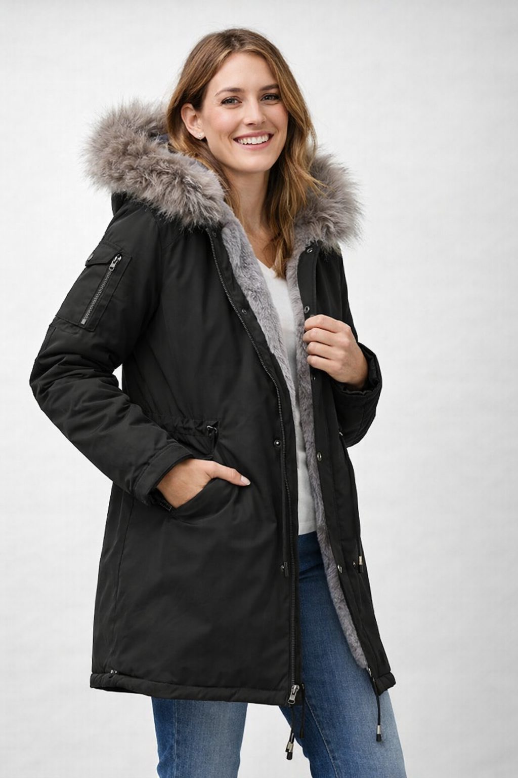 Damen Parka mit Fellkapuze und Fleecefutter