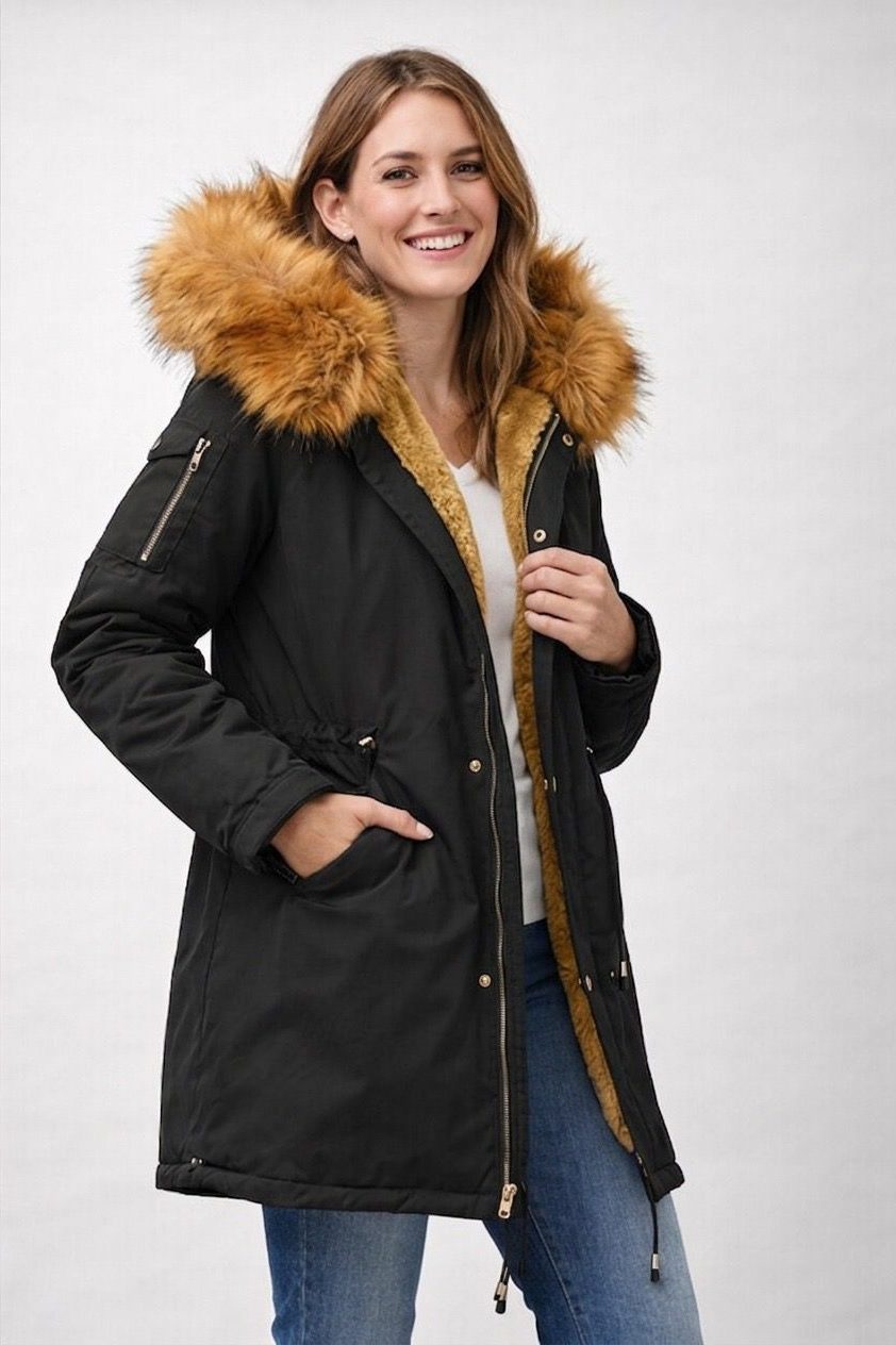 Damen Parka mit Fellkapuze und Fleecefutter - Schwarz/Braun