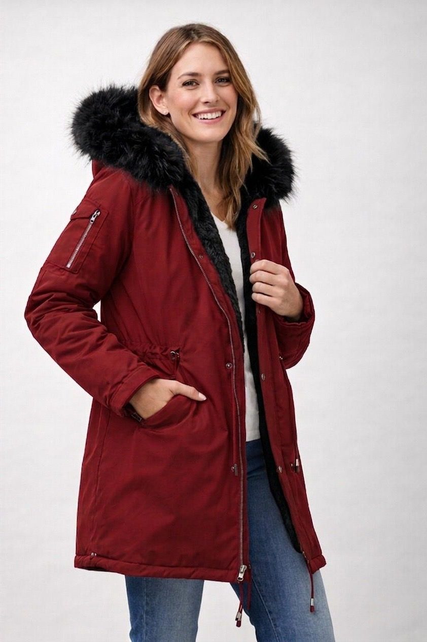 Damen Parka mit Fellkapuze und Fleecefutter - Rot/Schwarz