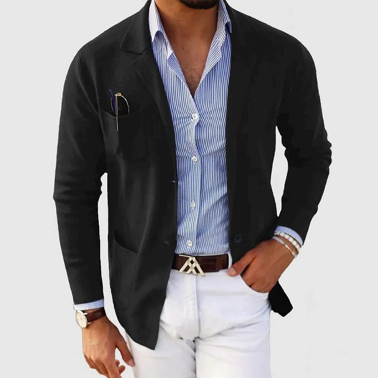 Baumwoll-Blazer mit Reverskragen und Fronttaschen für Herren - Schwarz