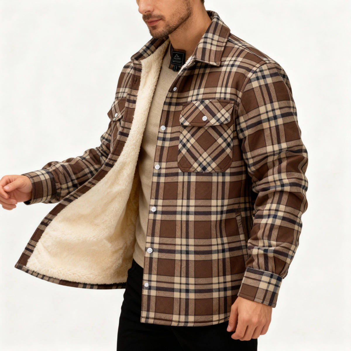 Herren Karierte Flanelljacke mit Fleecefutter - Khaki