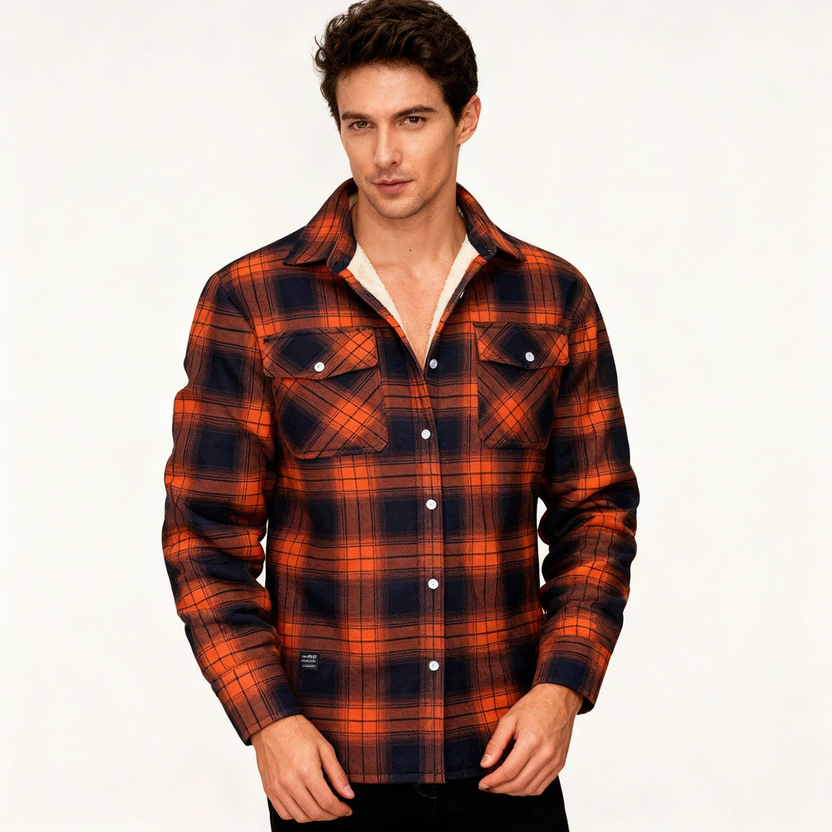 Herren Karierte Flanelljacke mit Fleecefutter - Orange