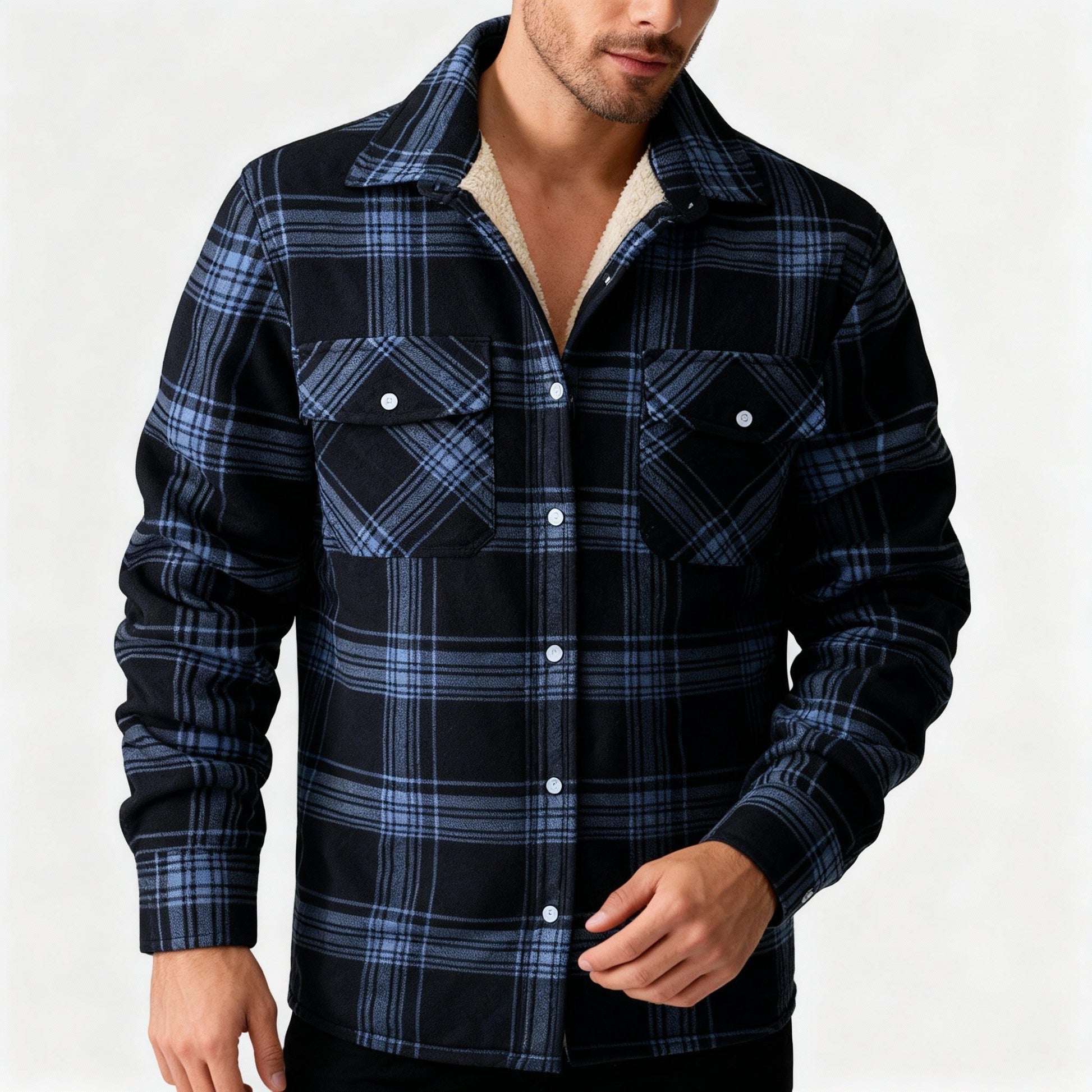 Herren Karierte Flanelljacke mit Fleecefutter - Marineblau