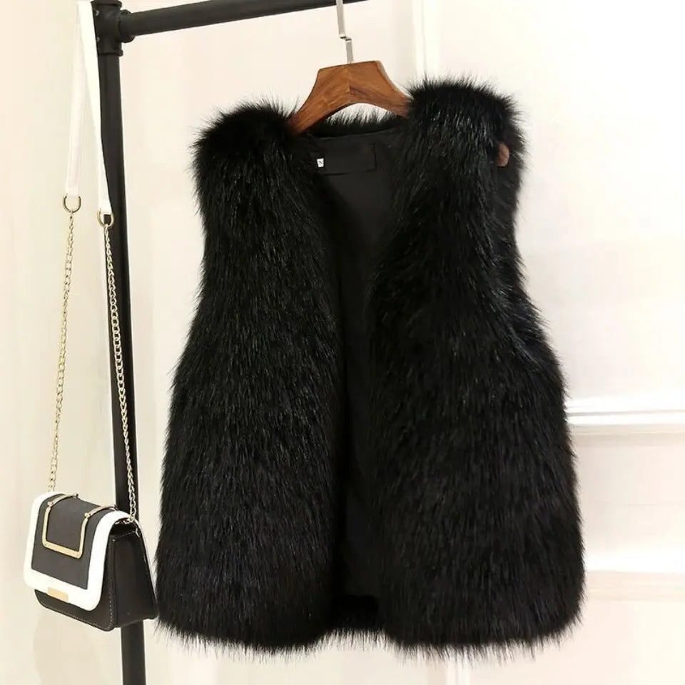 Damen Oversized Fellweste mit Bindegürtel - Schwarz