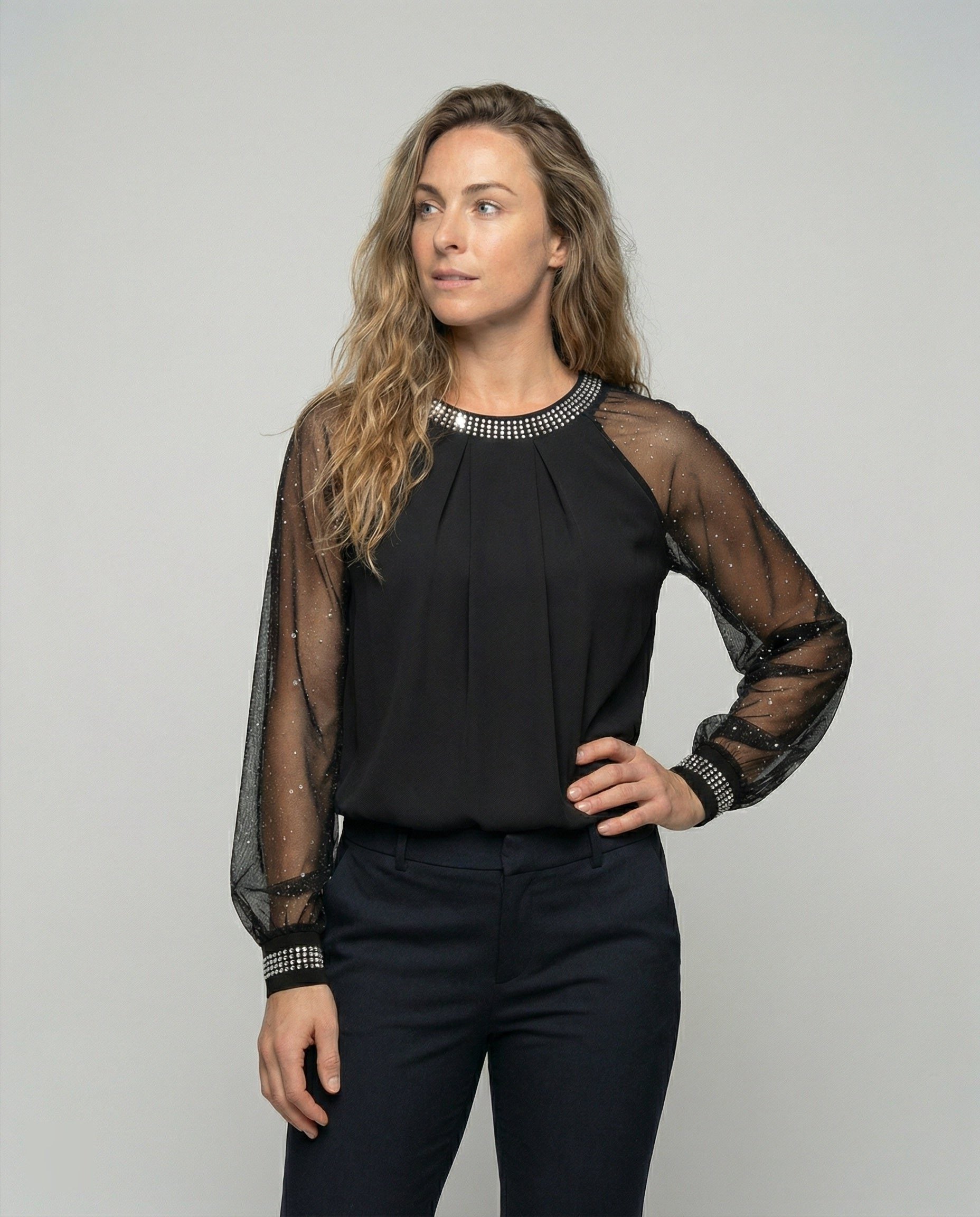Bluse mit Transparenten Ärmeln und Strassbesatz für Damen - View 2