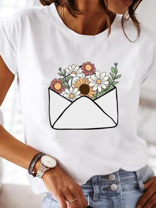 Damen T-Shirt mit Herzenmotiv Rundhals - Blumenbrief
