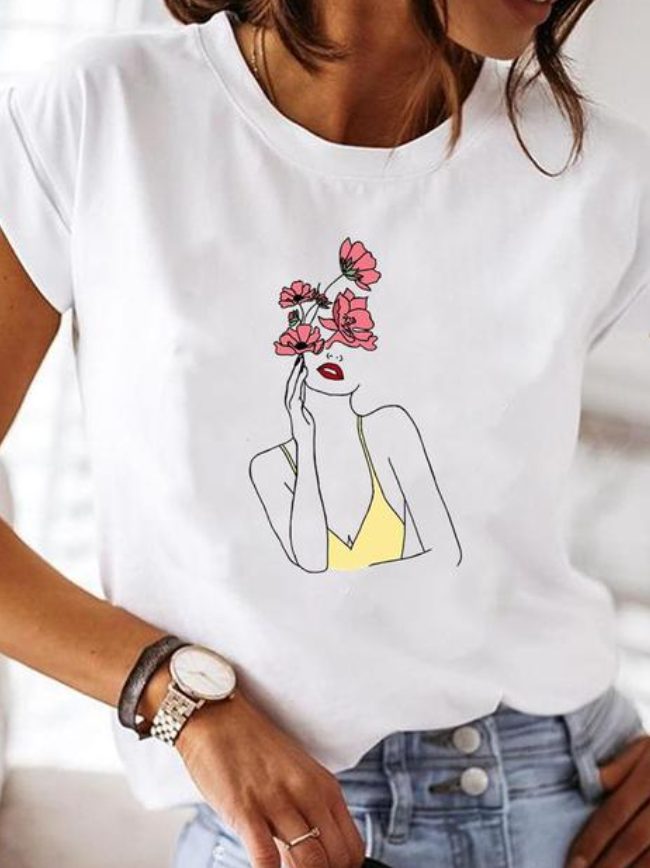 Damen T-Shirt mit Herzenmotiv Rundhals - Blumenfrau