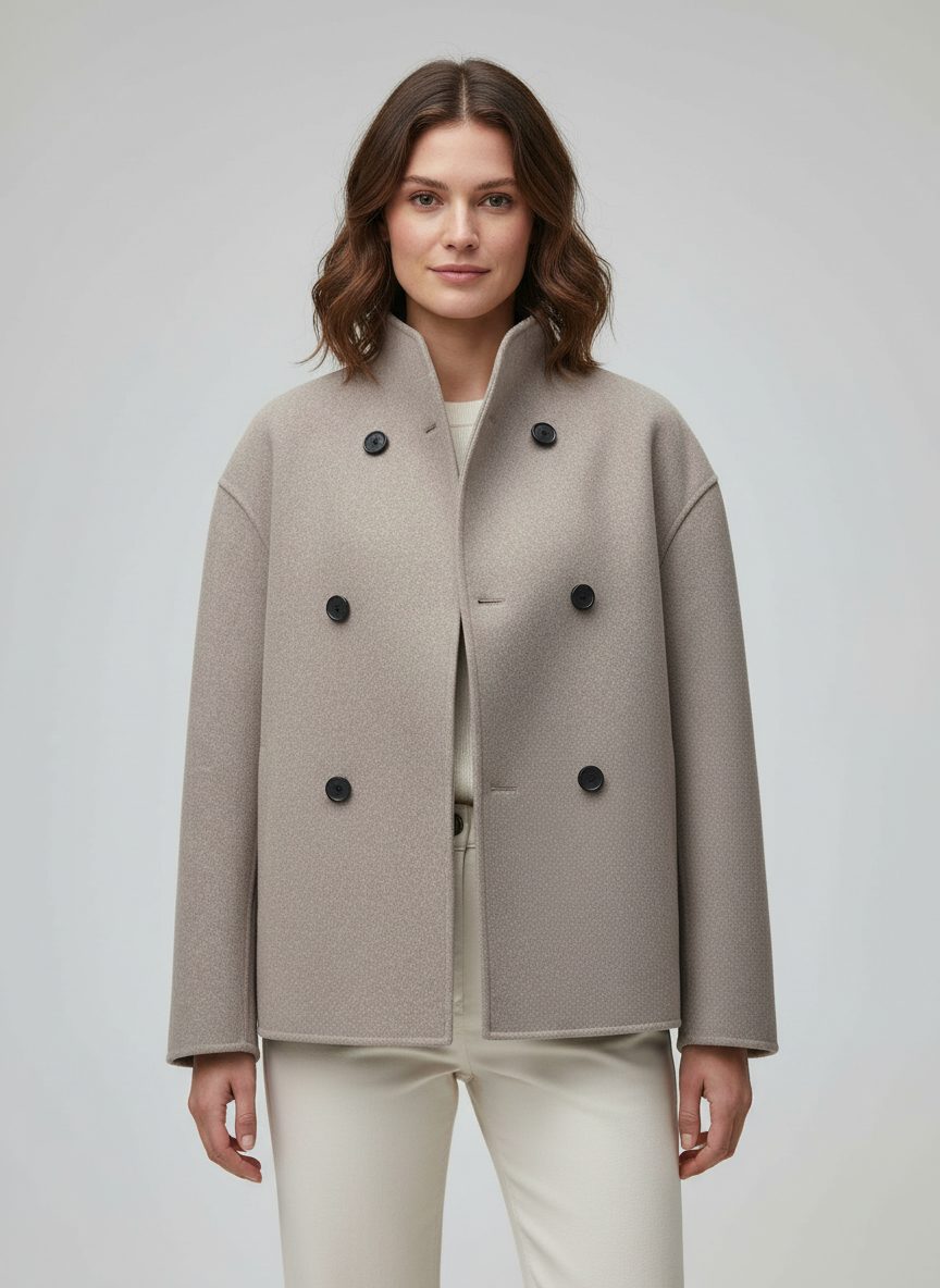 Damen Kurze Wolljade mit Stehkragen und Doppelreiher Knopfverschluss