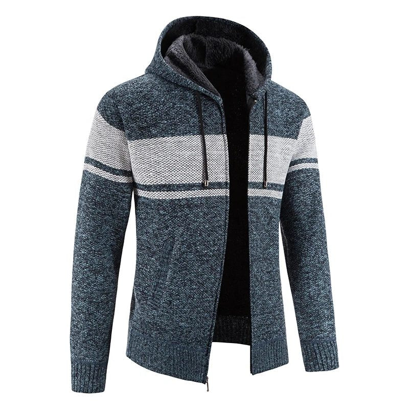 Herren Strickjacke mit Kapuze und Reissverschluss - Blau-Weiss