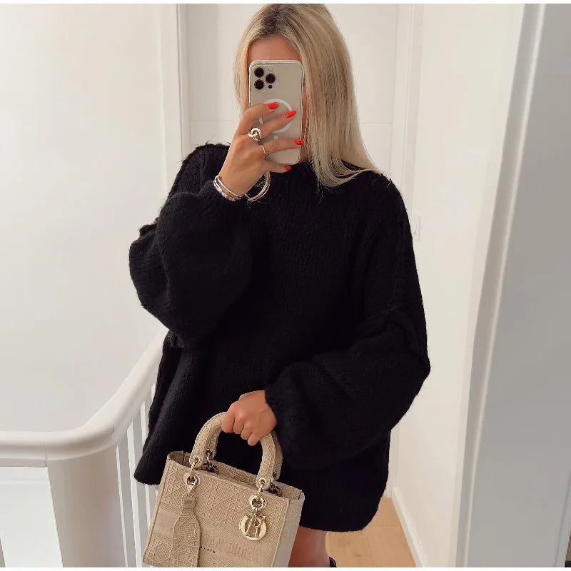 Damen Oversize Strickpullover mit Mock Neck - Schwarz