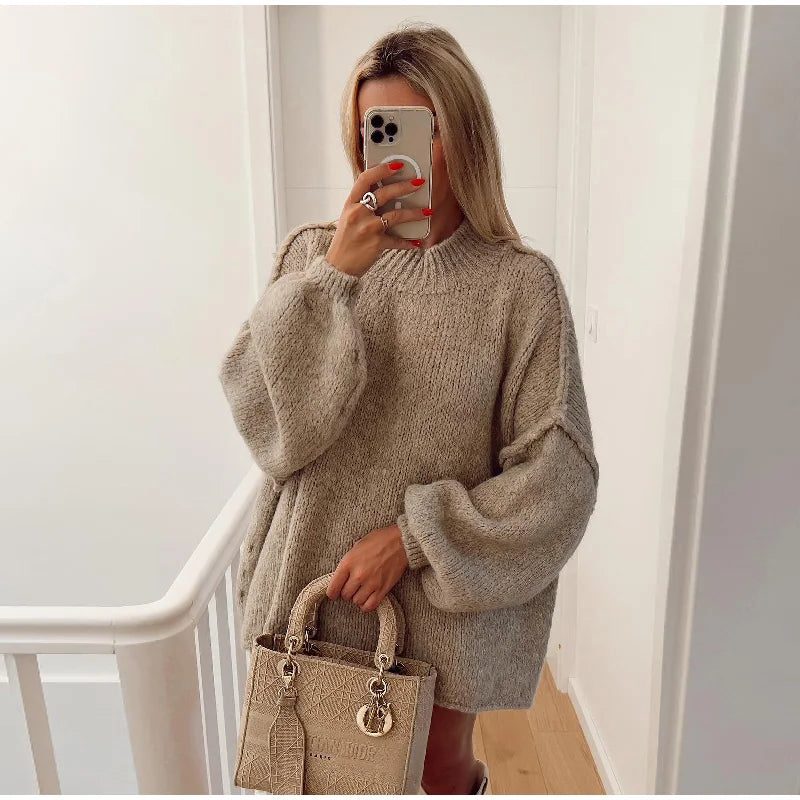 Damen Oversize Strickpullover mit Mock Neck - Khaki