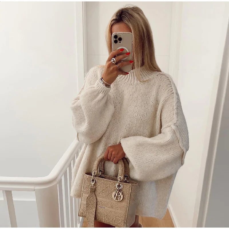 Damen Oversize Strickpullover mit Mock Neck - Weiss
