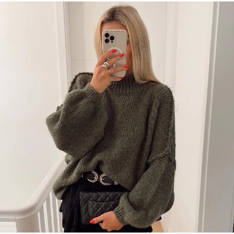 Damen Oversize Strickpullover mit Mock Neck - Grün