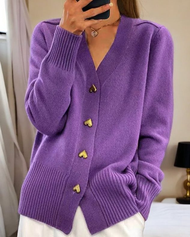 Damen Strickjacke mit Herzknöpfen und Gerippten Ärmeln - Violett