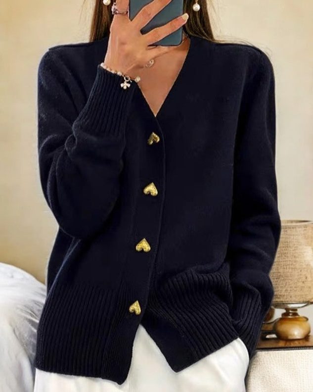 Damen Strickjacke mit Herzknöpfen und Gerippten Ärmeln - Schwarz