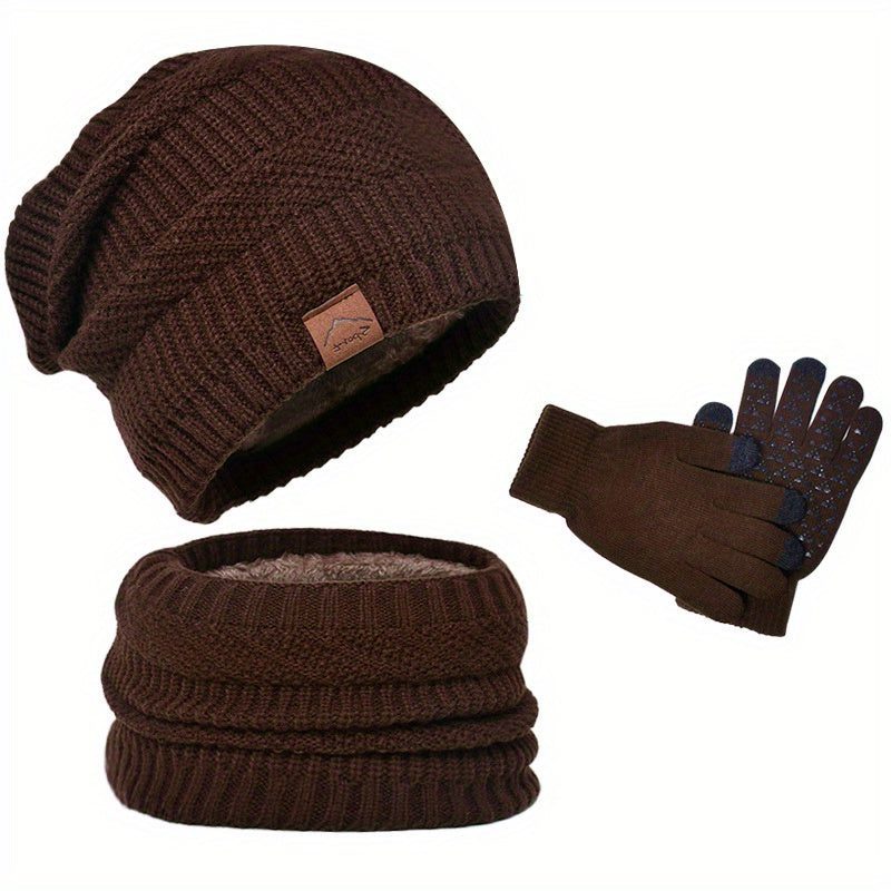 Herren 3-teiliges Strickset mit Mütze, Schal und Handschuhen - Kaffee