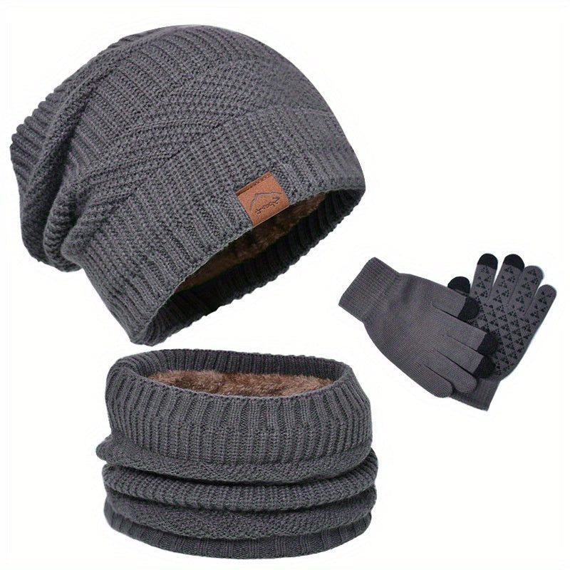 Herren 3-teiliges Strickset mit Mütze, Schal und Handschuhen - Grau