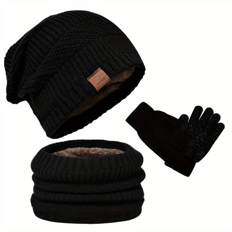 Herren 3-teiliges Strickset mit Mütze, Schal und Handschuhen - Schwarz