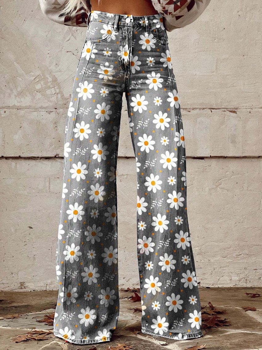 Damen Weite Vintage Jeans mit Blumenmuster