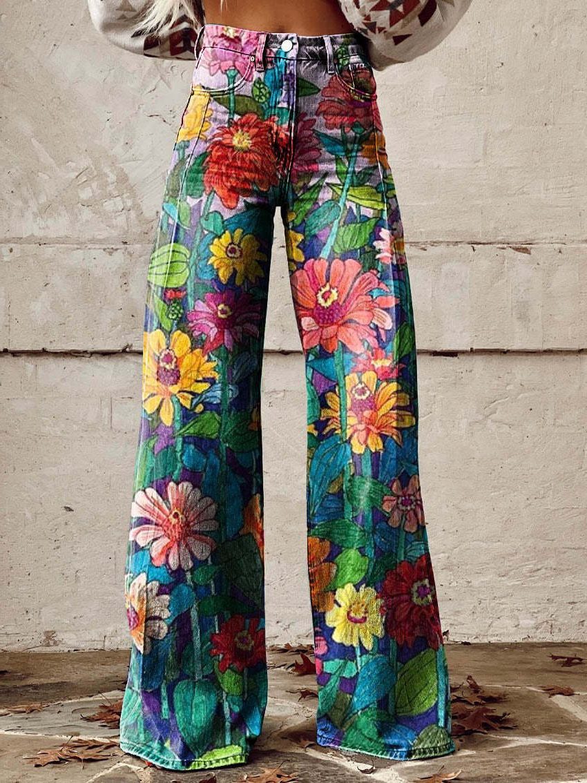 Damen Weite Vintage Jeans mit Blumenmuster - Bunt